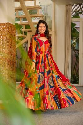 Red color smart and stylish partywear rayon fabric gown with dupatta 3