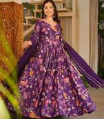 Purple color smart and stylish partywear rayon fabric gown with dupatta
