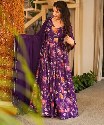 Purple color smart and stylish partywear rayon fabric gown with dupatta 3