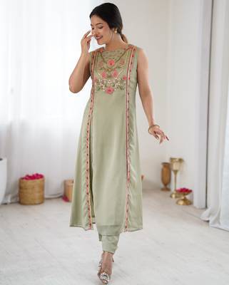 Pista green color designer partywear attire for trendy ceremonial looks 1