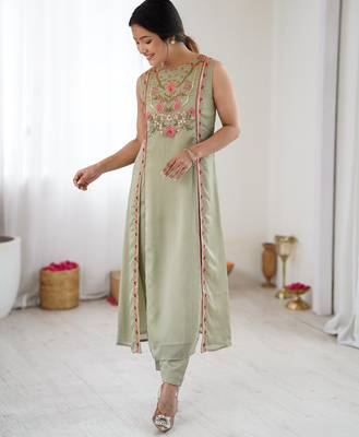 Pista green color designer partywear attire for trendy ceremonial looks 4