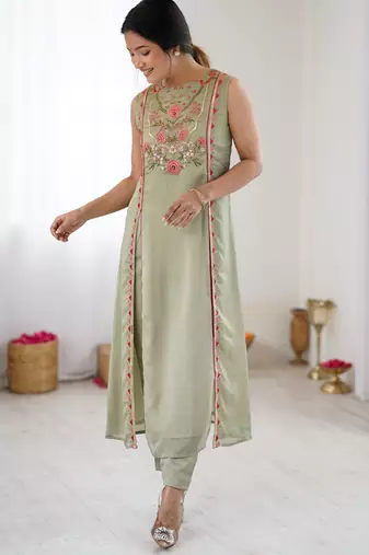 Pista green color designer partywear attire for trendy ceremonial looks