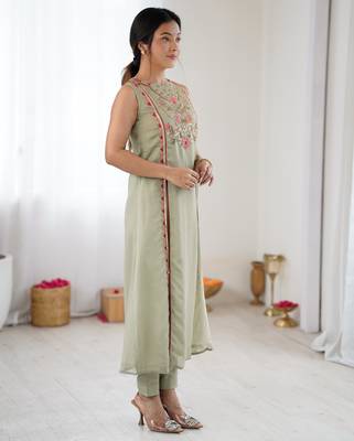 Pista green color designer partywear attire for trendy ceremonial looks 5
