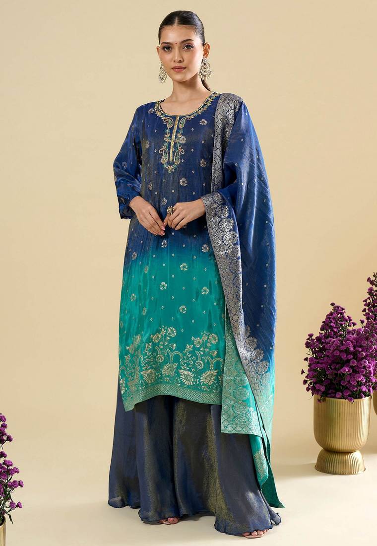 Blue color viscose jacquard fabric designer readymade palazzo suit for girl