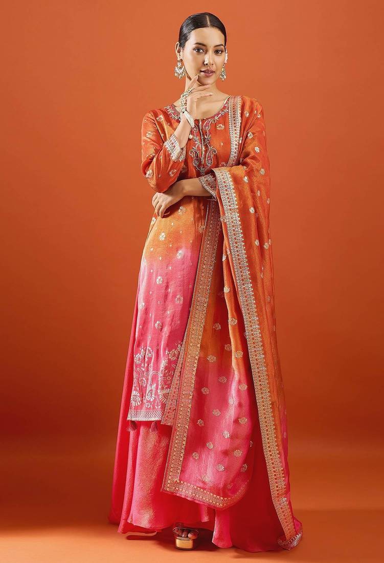 Rust color viscose jacquard fabric designer readymade palazzo suit for girl