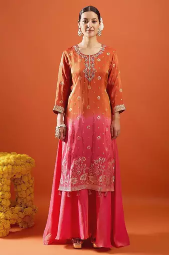 Rust color viscose jacquard fabric designer readymade palazzo suit for girl