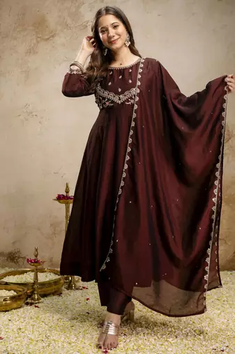 Coffee color vichitra silk fabric designer embroidery work ethnic partywear salwar suit