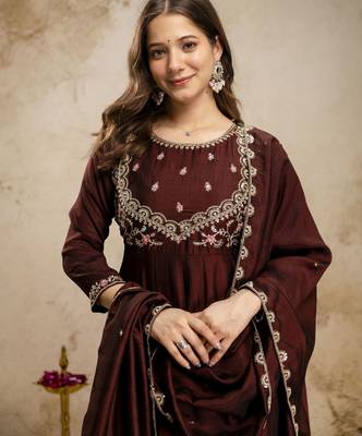 Coffee color vichitra silk fabric designer embroidery work ethnic partywear salwar suit 3