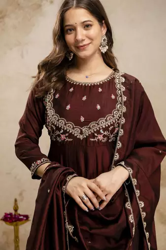 Coffee color vichitra silk fabric designer embroidery work ethnic partywear salwar suit