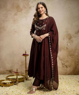 Coffee color vichitra silk fabric designer embroidery work ethnic partywear salwar suit 4