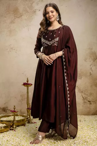Coffee color vichitra silk fabric designer embroidery work ethnic partywear salwar suit