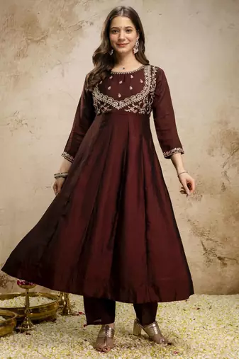 Coffee color vichitra silk fabric designer embroidery work ethnic partywear salwar suit