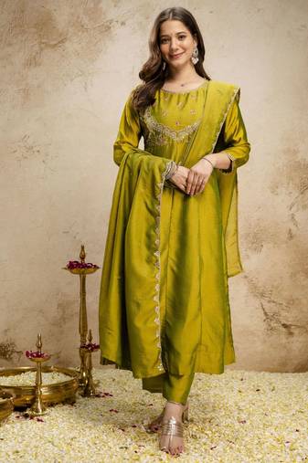 Parrot green color vichitra silk fabric designer embroidery work ethnic partywear salwar suit