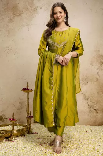 Parrot green color vichitra silk fabric designer embroidery work ethnic partywear salwar suit