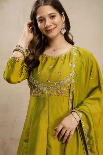 Parrot green color vichitra silk fabric designer embroidery work ethnic partywear salwar suit