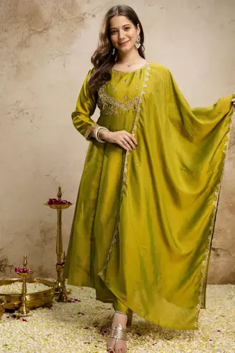 Parrot green color vichitra silk fabric designer embroidery work ethnic partywear salwar suit