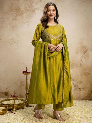 Parrot green color vichitra silk fabric designer embroidery work ethnic partywear salwar suit 5