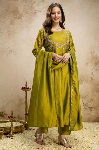 Parrot green color vichitra silk fabric designer embroidery work ethnic partywear salwar suit