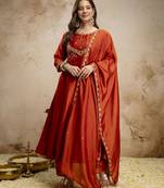 Orange color vichitra silk fabric designer embroidery work ethnic partywear salwar suit