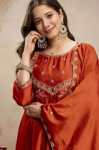 Orange color vichitra silk fabric designer embroidery work ethnic partywear salwar suit