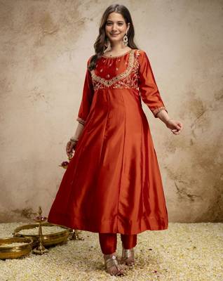 Orange color vichitra silk fabric designer embroidery work ethnic partywear salwar suit 4