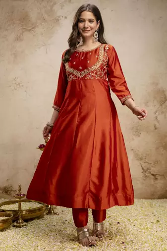 Orange color vichitra silk fabric designer embroidery work ethnic partywear salwar suit