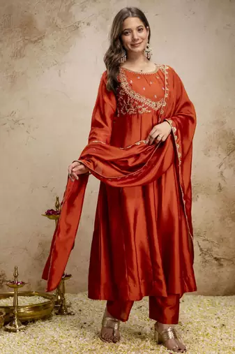 Orange color vichitra silk fabric designer embroidery work ethnic partywear salwar suit