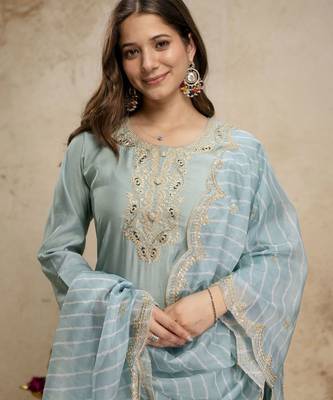 Sky blue color roman silk fabric designer embroidery work ethnic partywear salwar suit 3