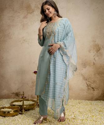 Sky blue color roman silk fabric designer embroidery work ethnic partywear salwar suit 4