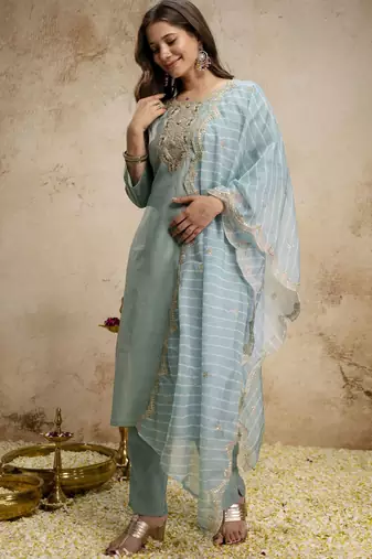 Sky blue color roman silk fabric designer embroidery work ethnic partywear salwar suit