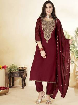 Maroon color vichitra silk fabric designer embroidery work ethnic partywear salwar suit 1