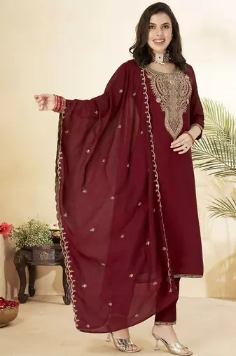 Maroon color vichitra silk fabric designer embroidery work ethnic partywear salwar suit
