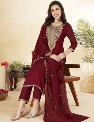 Maroon color vichitra silk fabric designer embroidery work ethnic partywear salwar suit 5