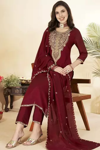 Maroon color vichitra silk fabric designer embroidery work ethnic partywear salwar suit