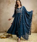 Petrol blue color vichitra silk fabric designer embroidery work ethnic partywear salwar suit