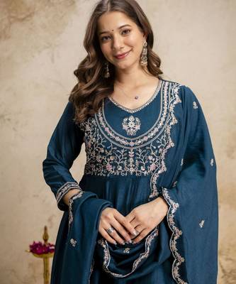 Petrol blue color vichitra silk fabric designer embroidery work ethnic partywear salwar suit 3