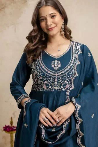 Petrol blue color vichitra silk fabric designer embroidery work ethnic partywear salwar suit
