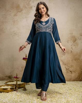 Petrol blue color vichitra silk fabric designer embroidery work ethnic partywear salwar suit 4