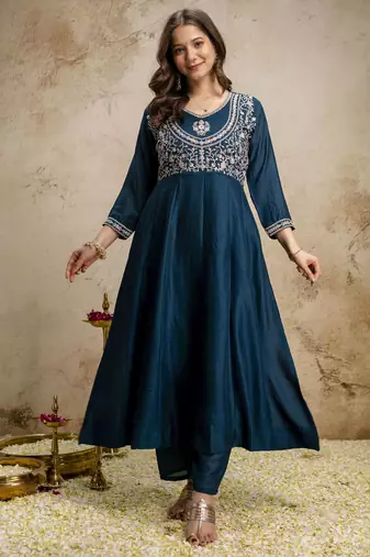 Petrol blue color vichitra silk fabric designer embroidery work ethnic partywear salwar suit