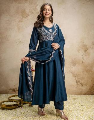 Petrol blue color vichitra silk fabric designer embroidery work ethnic partywear salwar suit 5