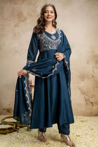 Petrol blue color vichitra silk fabric designer embroidery work ethnic partywear salwar suit