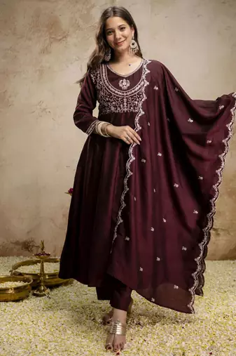 Coffee color vichitra silk fabric designer embroidery work ethnic partywear salwar suit