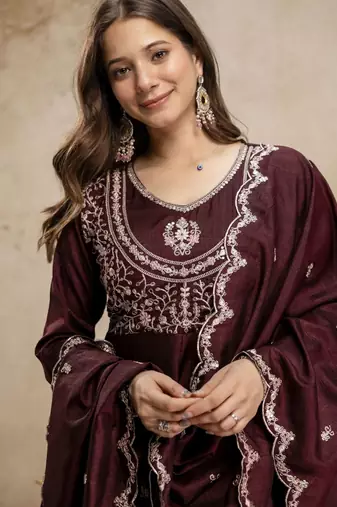 Coffee color vichitra silk fabric designer embroidery work ethnic partywear salwar suit