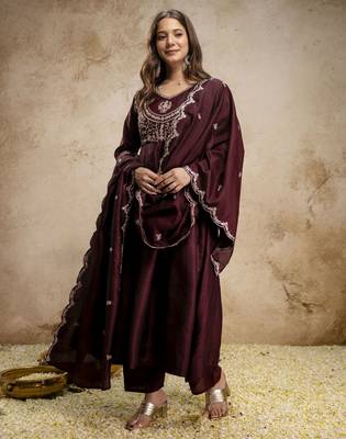 Coffee color vichitra silk fabric designer embroidery work ethnic partywear salwar suit 4