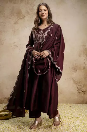 Coffee color vichitra silk fabric designer embroidery work ethnic partywear salwar suit
