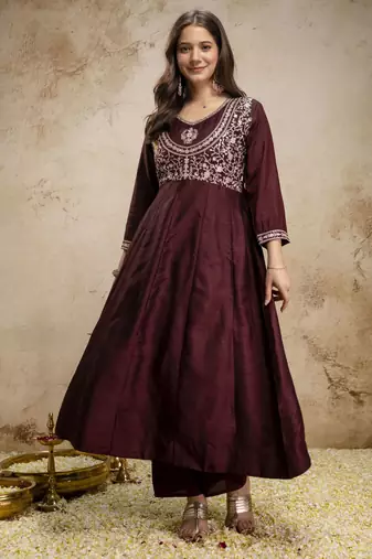 Coffee color vichitra silk fabric designer embroidery work ethnic partywear salwar suit