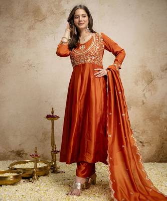Orange color vichitra silk fabric designer embroidery work ethnic partywear salwar suit 1