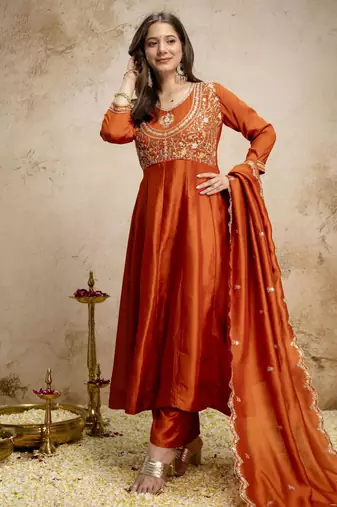 Orange color vichitra silk fabric designer embroidery work ethnic partywear salwar suit