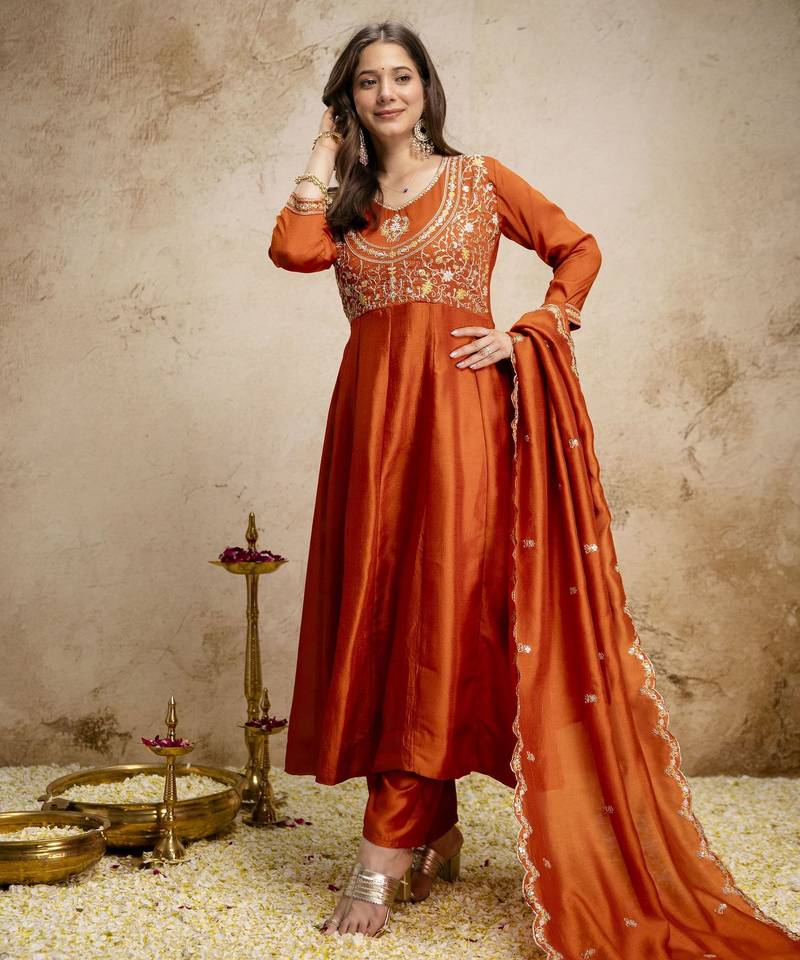 Orange color vichitra silk fabric designer embroidery work ethnic partywear salwar suit