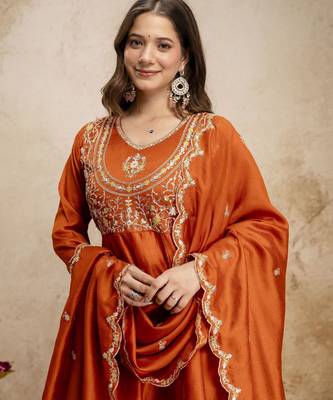 Orange color vichitra silk fabric designer embroidery work ethnic partywear salwar suit 3